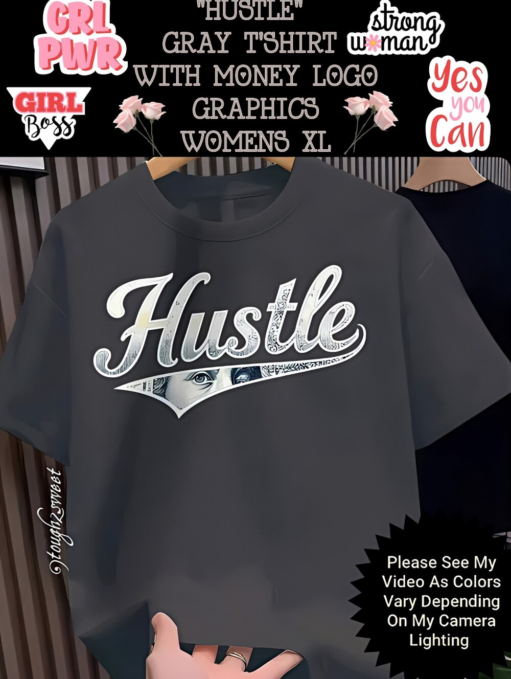 🆕️💰HUSTLE💰GRAY T'SHIRT WITH MONEY GRAPHICS/WOMENS XL~ SEE PIC VID 4 COLOR
